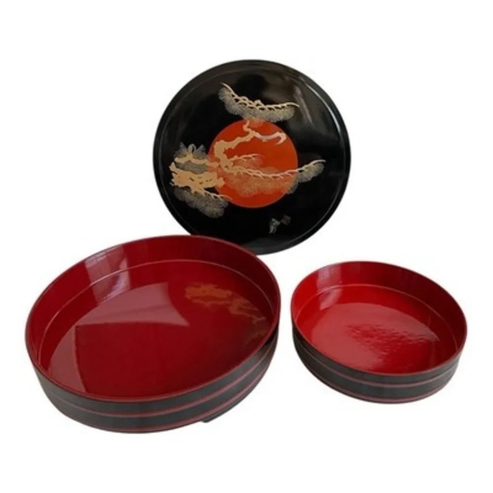 Vintage Japanese Urushi Lacquerware Sushi Oke Round Serving Set Lid 11.75